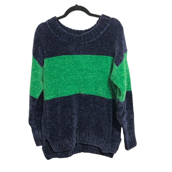 Offline by Aerie Chenille Off Shoulder Ribbed Neck Sweater Navy Green Striped S - Picture 1 of 4